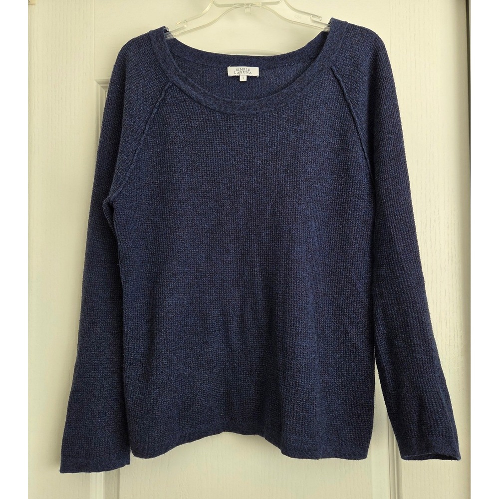SIMPLE LAGUNA Navy Cashmere Silk Blend Waffle Texture Wide Neck Sweater Sz‎ 3/L